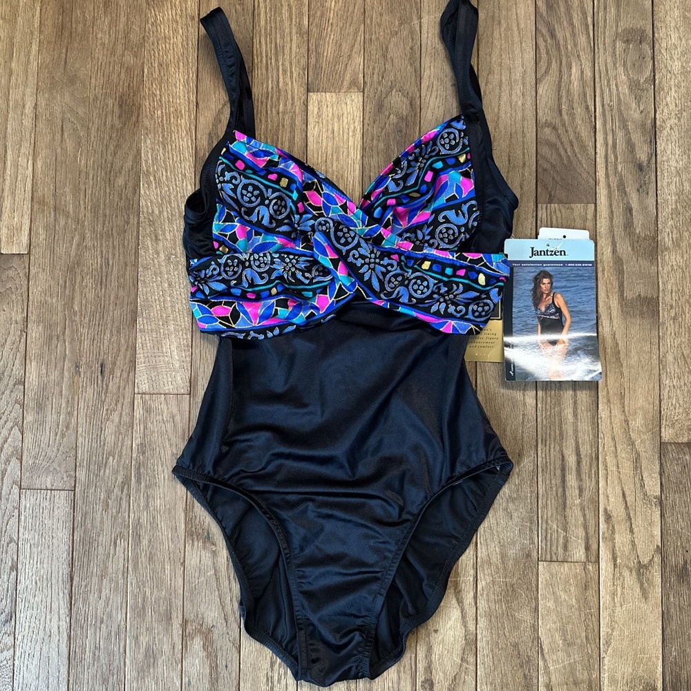 Jantzen Vintage 80s NWT One Piece Swimsuit 12‎ Black Neon Twist Scoop Retro